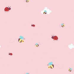 Papel de parede decorado infantil rosa, abelhas e joaninhas