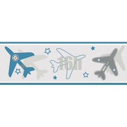 Papel de parede decorado , Infantil , com estampa de aviãozinho , azul - faixa
