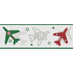 Papel de parede decorado , Infantil , com estampa de aviãozinho , Verde e Vermelho - faixa
