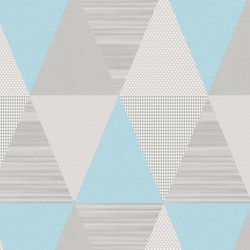 Papel de parede com estampa geométrica, tons azul e cinza.