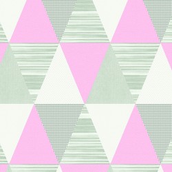 Papel de parede com estampa geométrica em tons rosa e cinza.